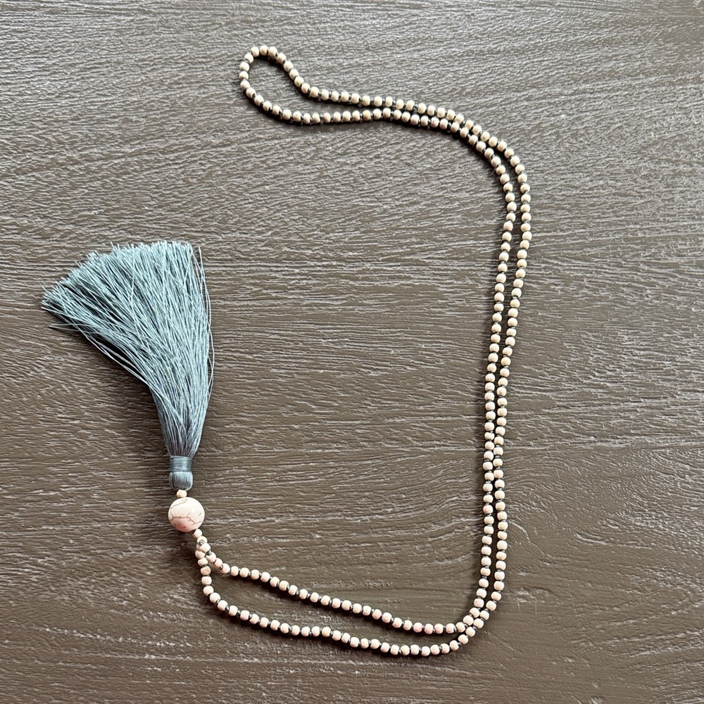Ivory Beaded Tassel Necklace, Tassel is Blue/Gray, 18” drop, like new